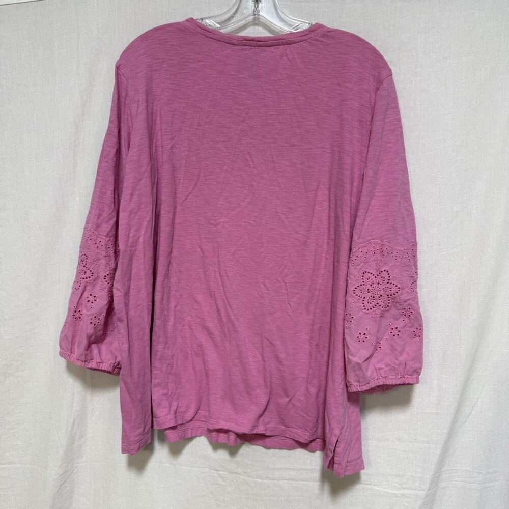 Multiples Womens Sz 1X Knit Top Shirt 3/4 Balloon Eyelet Sleeves Pink Casual - Picture 2 of 5